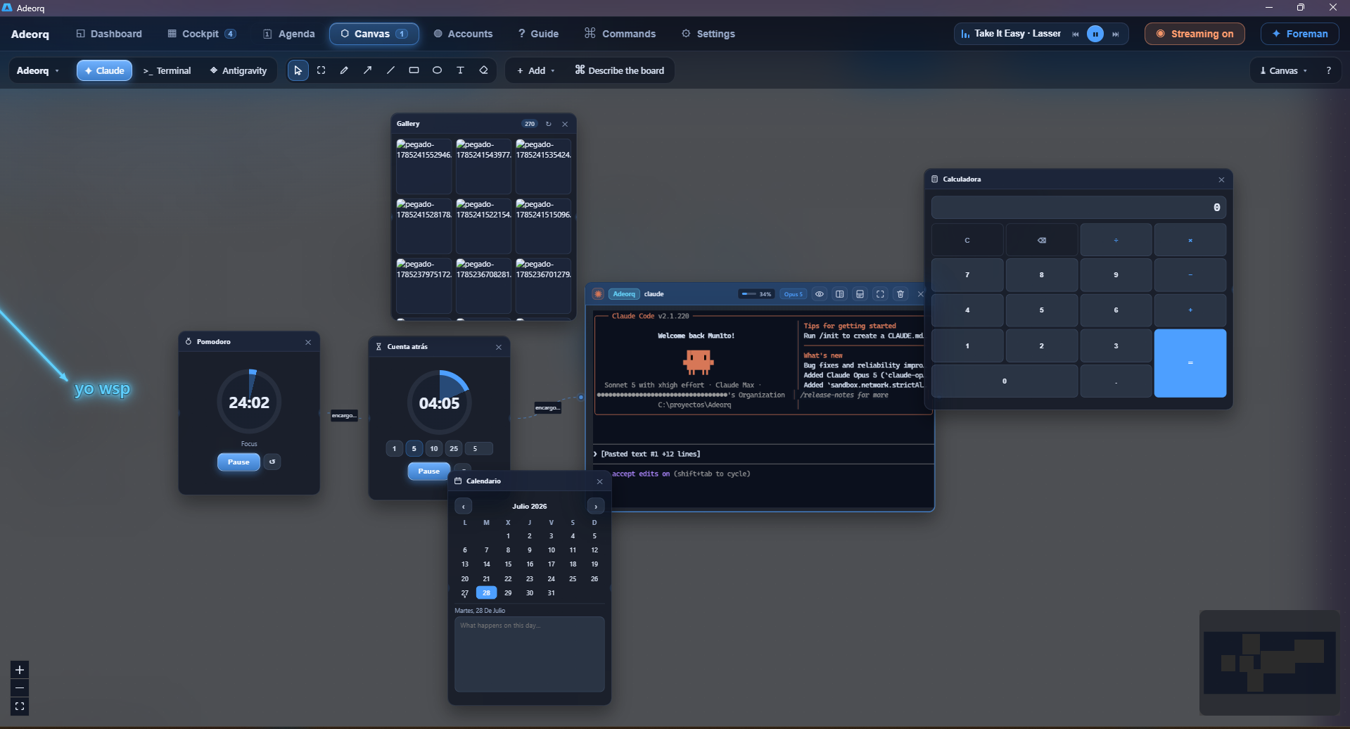 El Lienzo de Adeorq, un tablero infinito con terminales, notas y widgets colocados