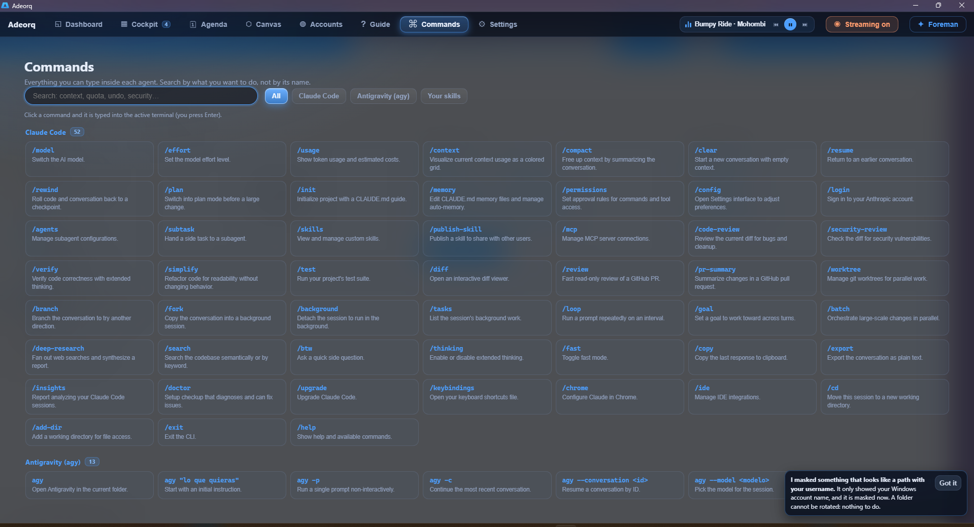 Un panel de Adeorq con PowerShell abierto en la carpeta de un proyecto