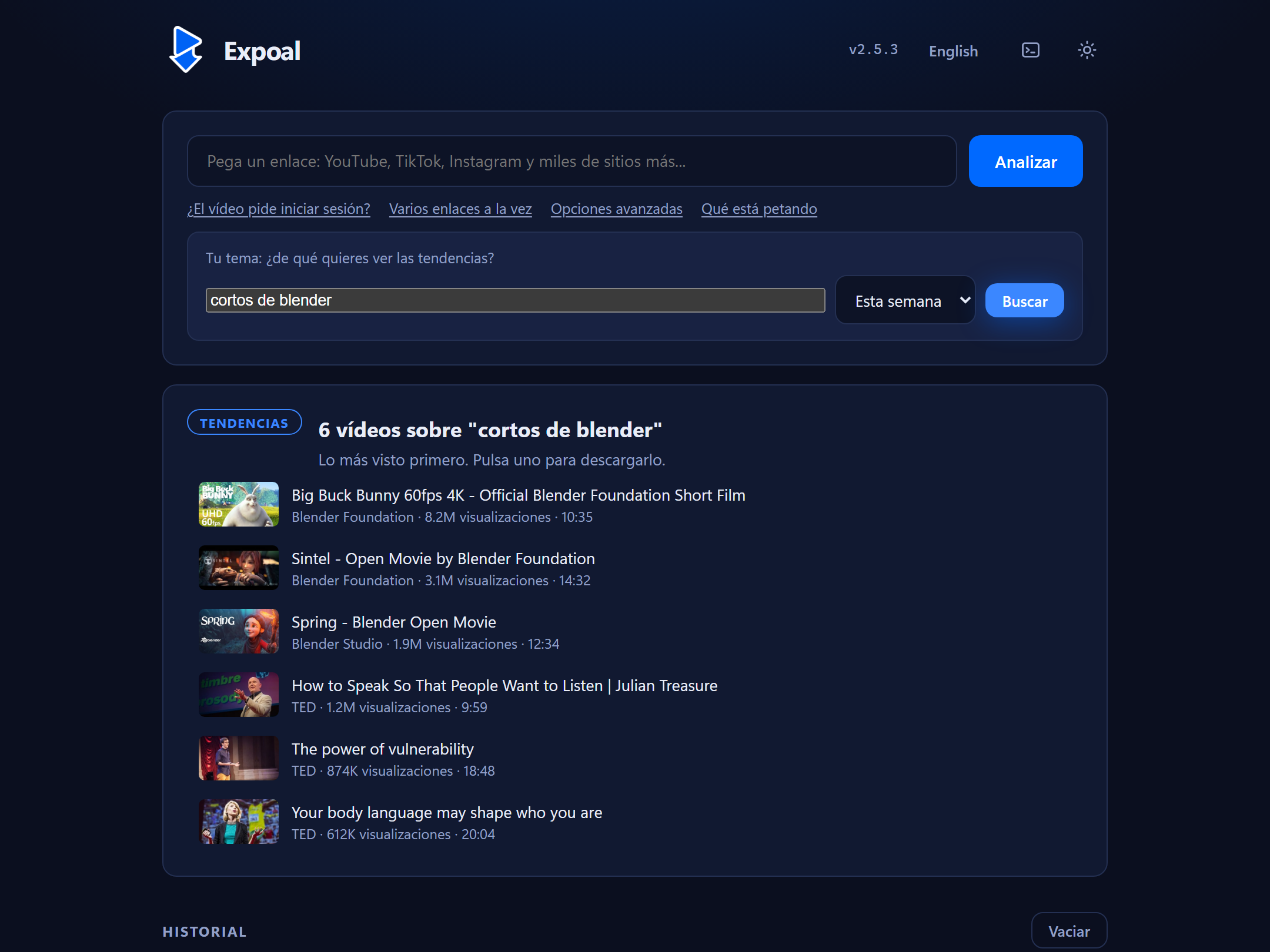 Expoal enseñando los vídeos más vistos de la semana sobre un tema, listos para descargar